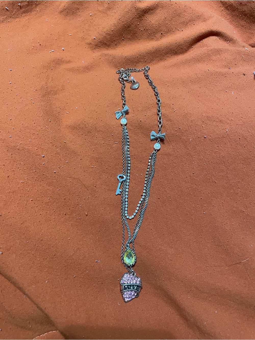 Silver-Tone Multi-Layer Pendant Necklace with Green and Pink Crystals